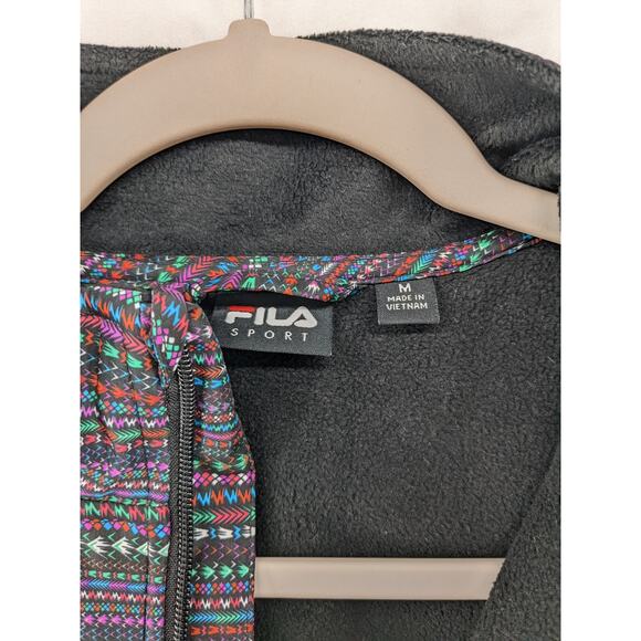 Fila Sport Faux Fur Fleece Jacket M Black Full Zip Tribal Boho Long Sleeve Layer - Picture 5 of 13